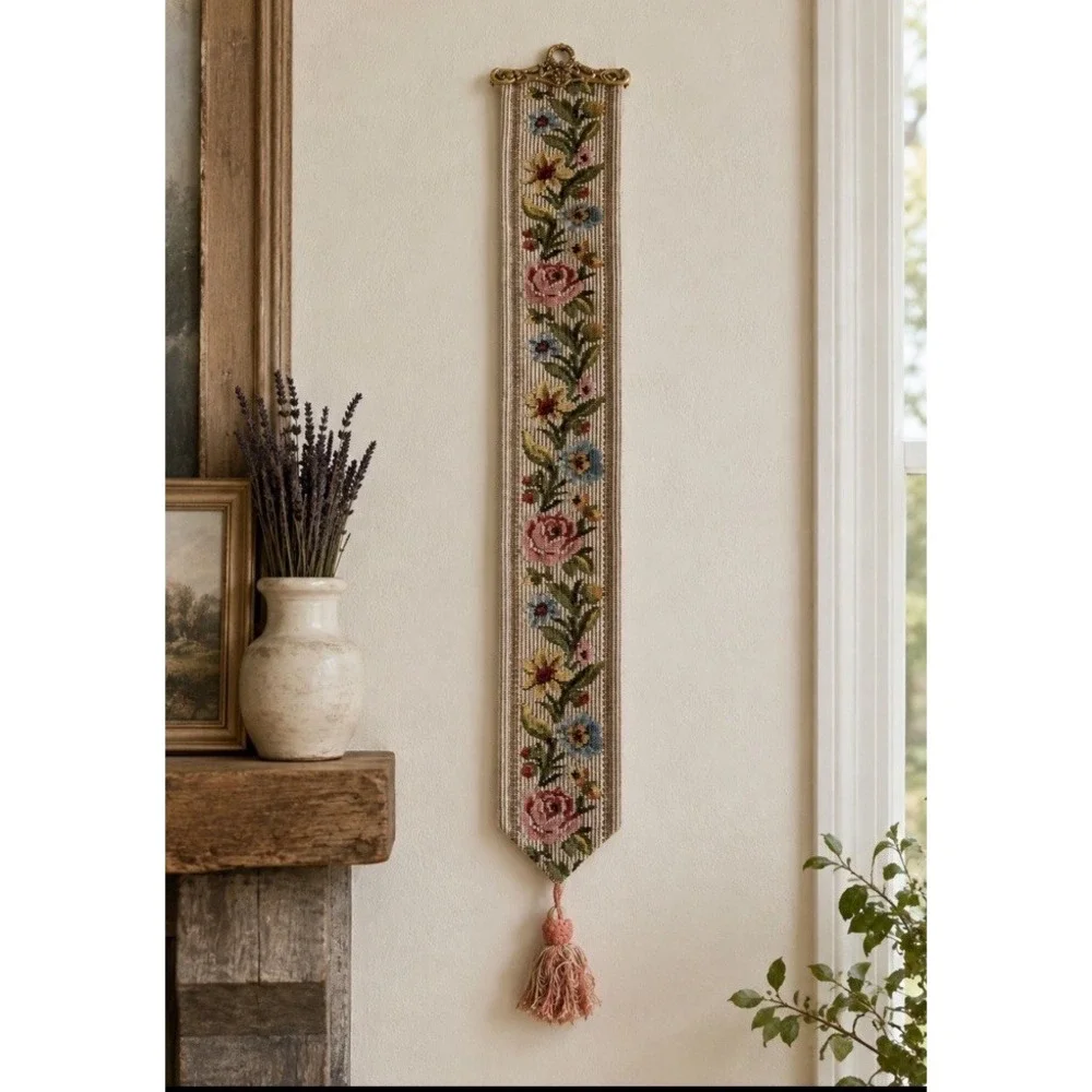 METRAX Belgium Woven Floral Tapestry Brass Bell Pull WALL ART Hanging Vintage